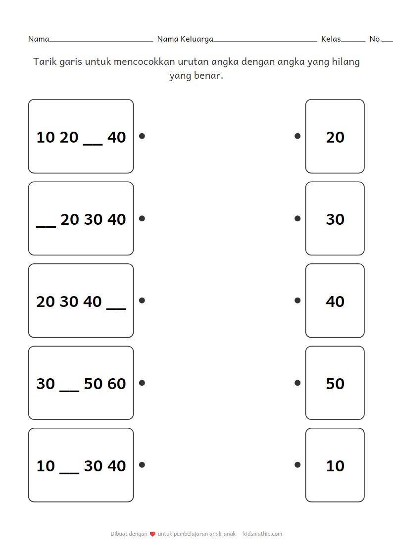 Lembar Kerja Mencocokkan Urutan Angka: Menghitung Kelipatan 10 untuk Anak Prasekolah