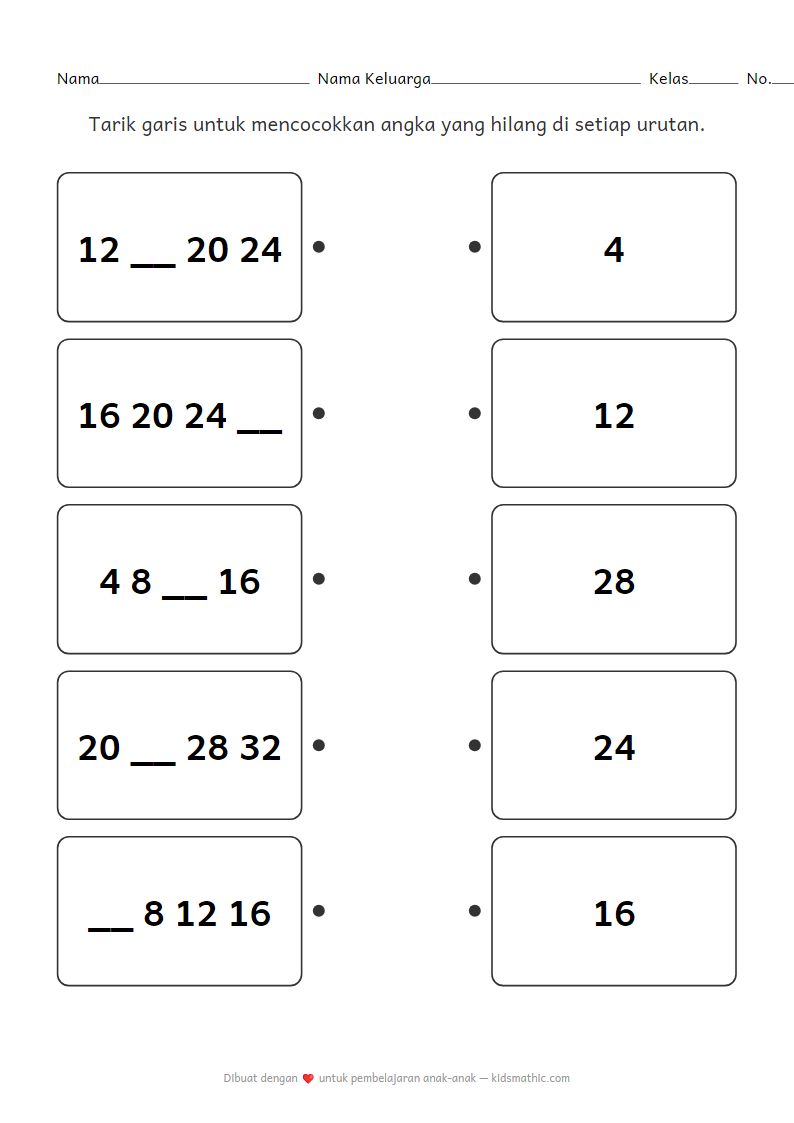 Lembar Kerja Mencocokkan Urutan Angka Kelipatan 4 untuk TK dan Kelas 1