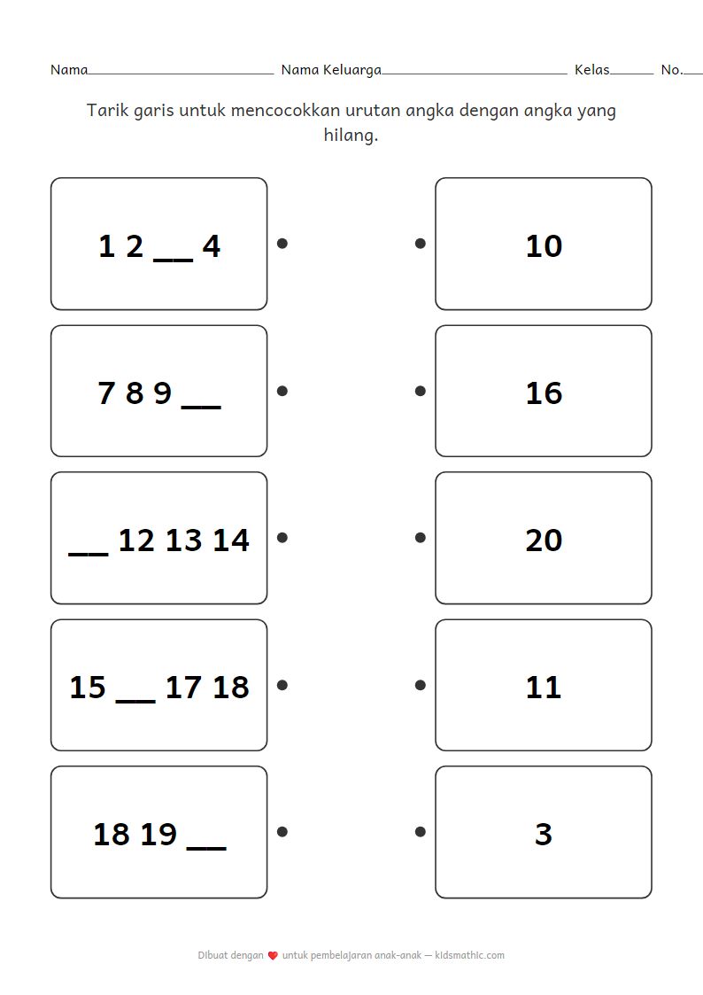 Lembar Kerja Mencocokkan Urutan Angka yang Hilang untuk Anak Prasekolah