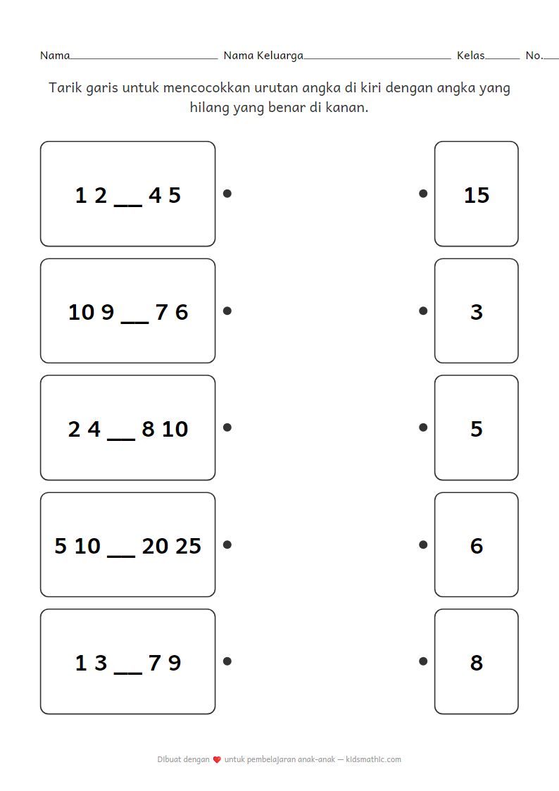 Lembar Kerja Mencocokkan Urutan Angka Hilang untuk Anak Prasekolah