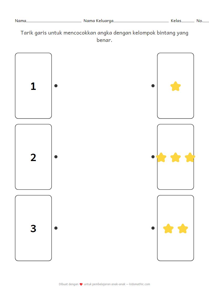 Lembar Kerja Matematika TK: Cocokkan Angka 1-3 dengan Bintang