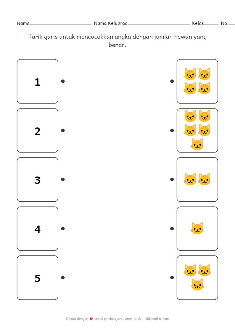 Lembar Kerja Mencocokkan Angka dengan Jumlah Hewan untuk Anak Prasekolah