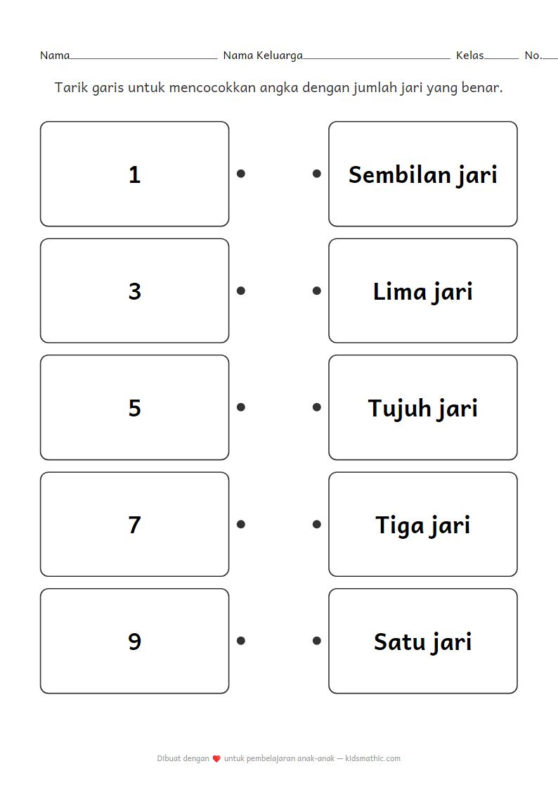 Lembar Kerja Mencocokkan Angka dengan Jari Tangan untuk Anak Prasekolah