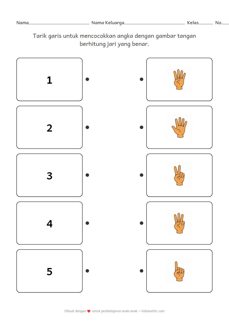 Lembar Kerja Mencocokkan Angka dengan Jari Tangan untuk Anak Prasekolah