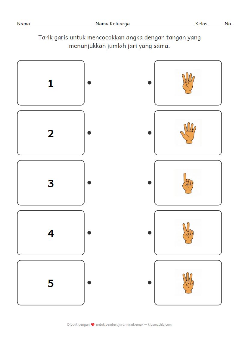 Lembar Kerja Mencocokkan Angka dengan Jari untuk Anak Prasekolah