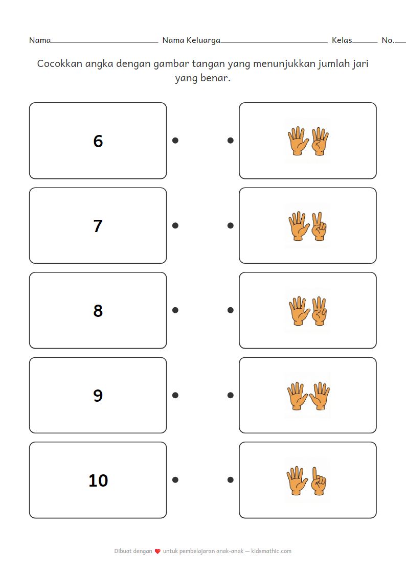 Lembar Kerja Mencocokkan Angka dan Jari untuk TK
