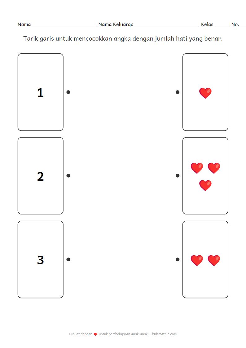 Lembar Kerja Mencocokkan Angka 1-3 dengan Jumlah Hati untuk Anak Prasekolah