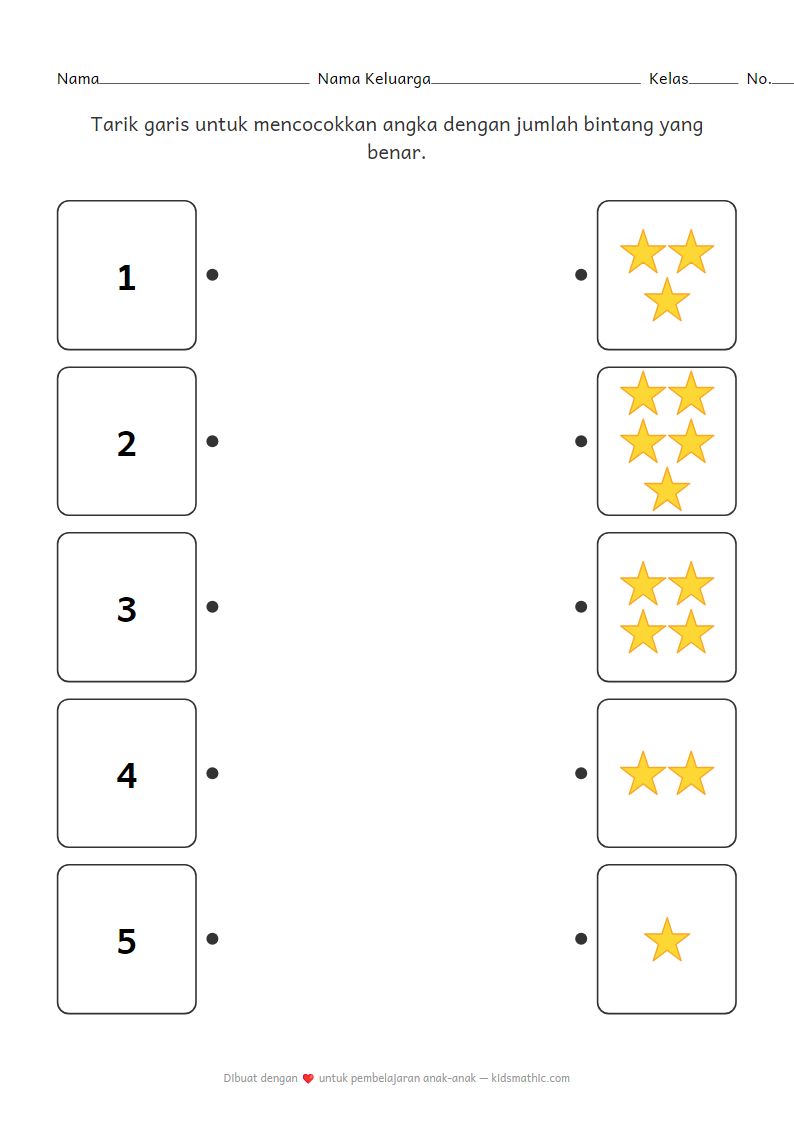 Lembar Kerja TK: Mencocokkan Angka dengan Jumlah Bintang