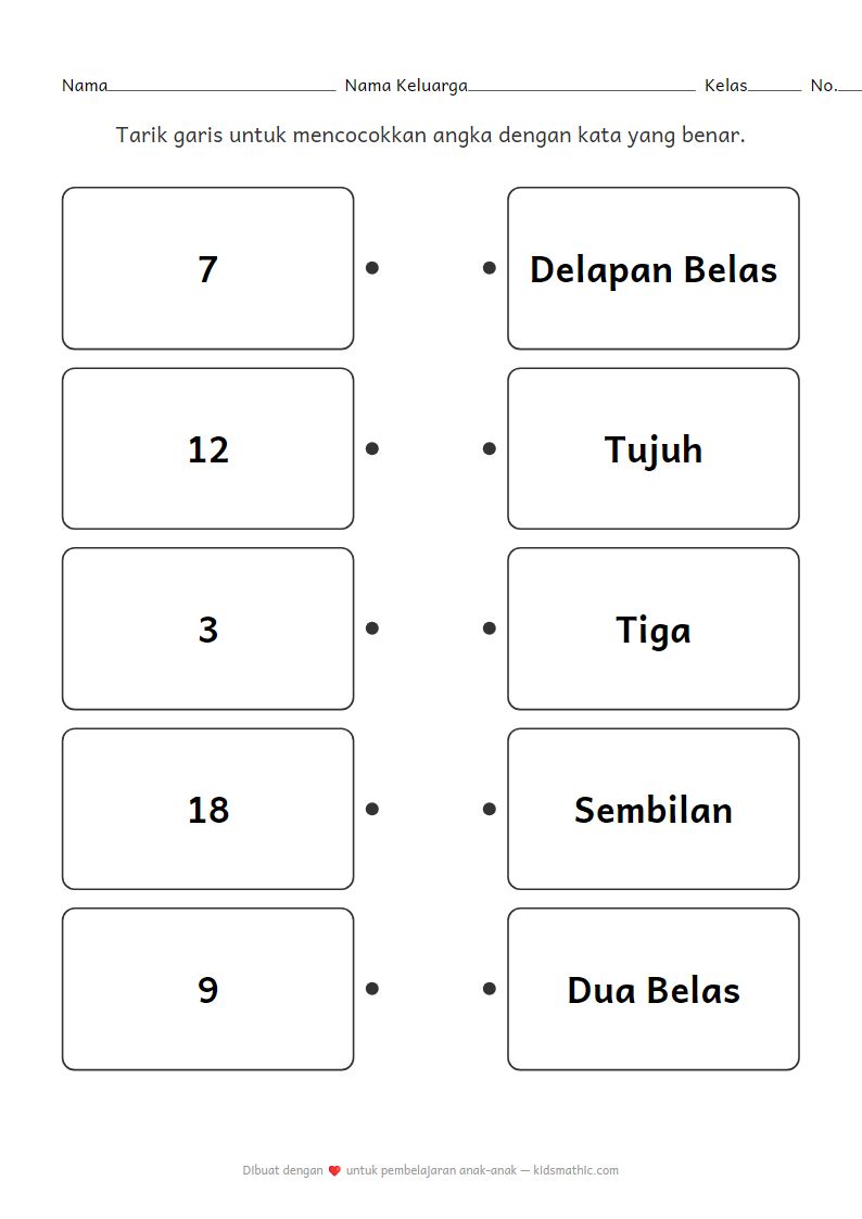 Lembar Kerja Mencocokkan Angka dengan Kata 1-20 untuk Anak TK