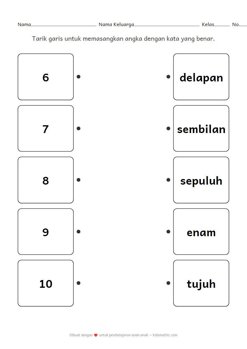 Lembar Kerja Mencocokkan Angka dan Kata 6-10 untuk Anak Prasekolah
