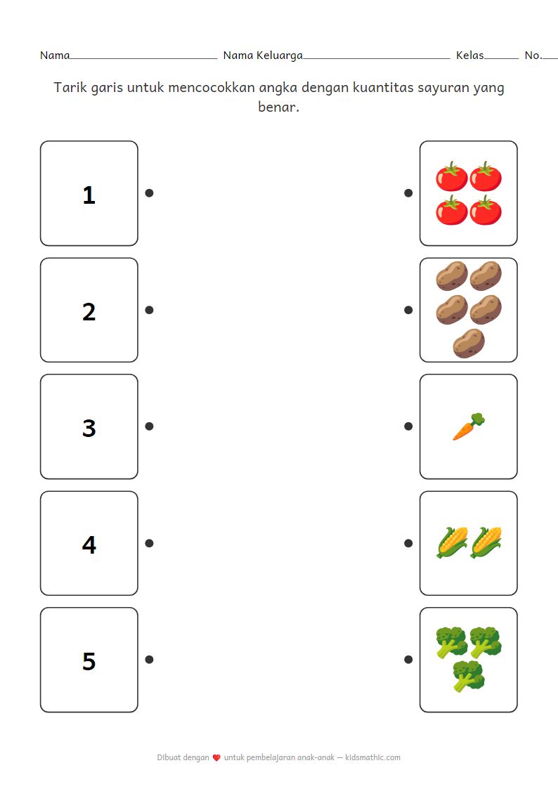 Lembar Kerja Mencocokkan Angka dan Kuantitas Sayuran untuk Anak Prasekolah