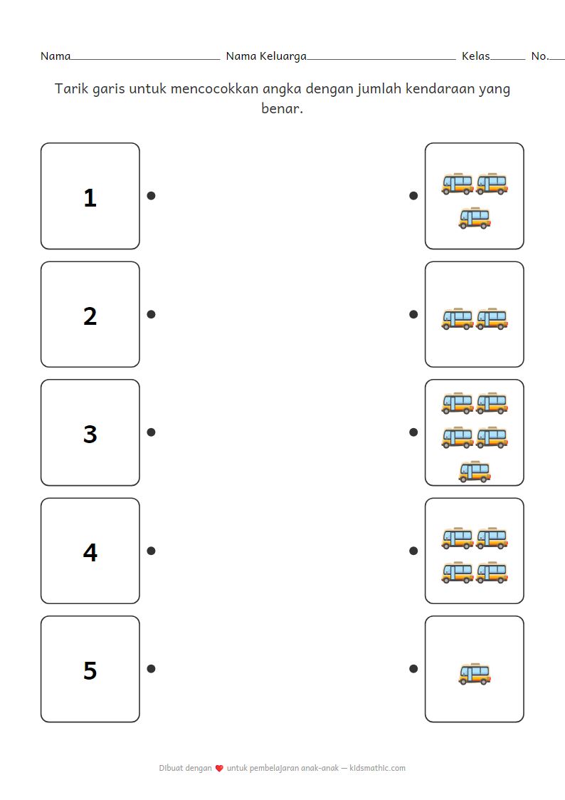 Lembar Kerja Mencocokkan Angka 1-5 dan Kuantitas Kendaraan untuk Prasekolah