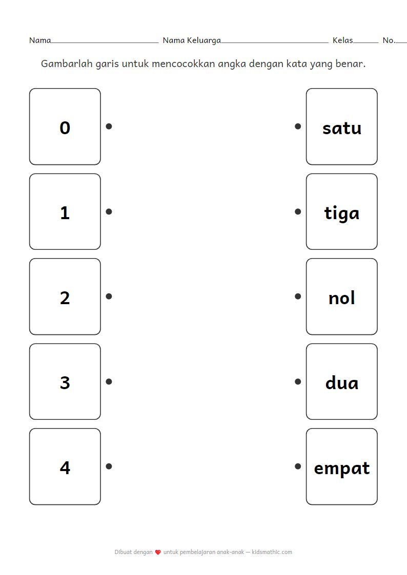 Lembar Kerja Mencocokkan Angka 0-4 dengan Kata untuk Anak Prasekolah