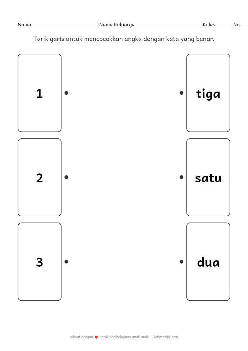 Lembar Kerja Mencocokkan Angka 1-3 untuk Anak Prasekolah