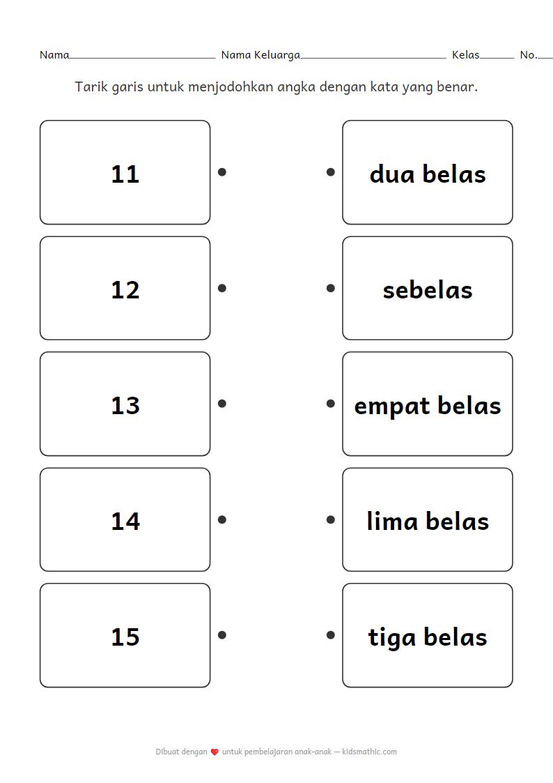 Lembar Kerja Mencocokkan Angka 11-15 dengan Kata untuk TK