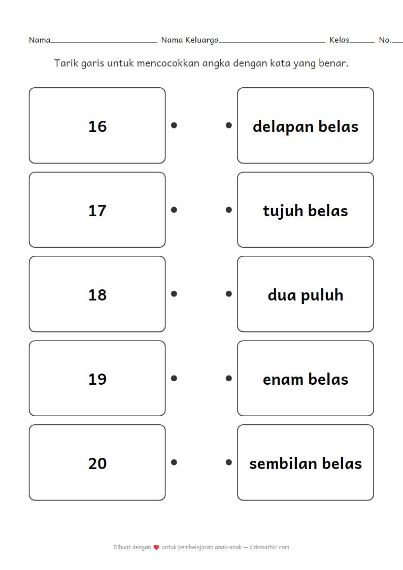 Lembar Kerja Mencocokkan Angka: 16-20 dengan Kata untuk Anak Prasekolah