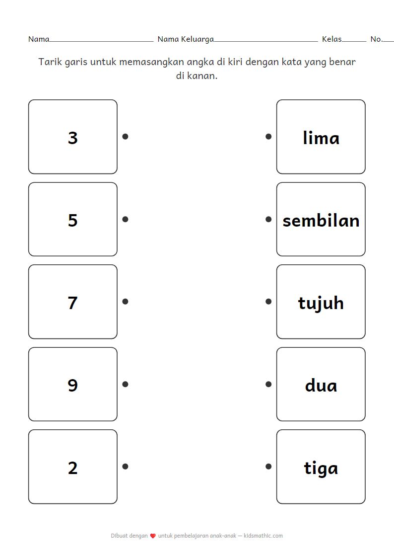 Lembar Kerja Mencocokkan Angka 1-10 dengan Kata untuk Anak TK