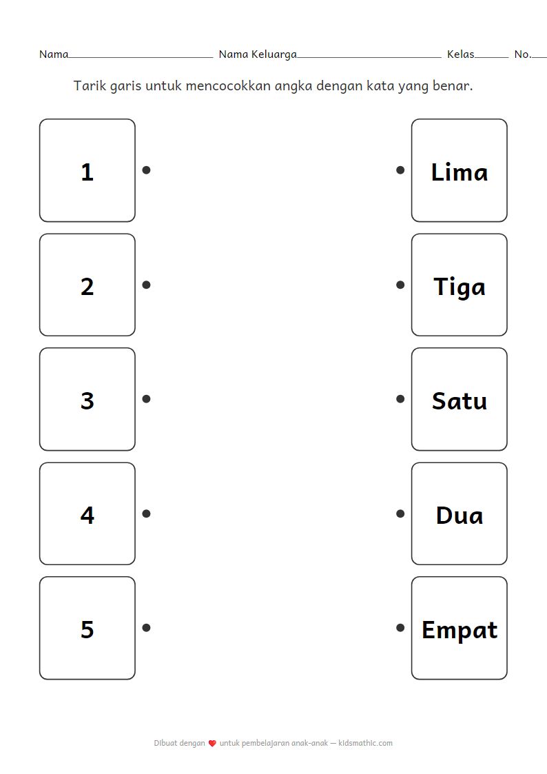 Lembar Kerja TK: Mencocokkan Angka 1-5 dengan Kata