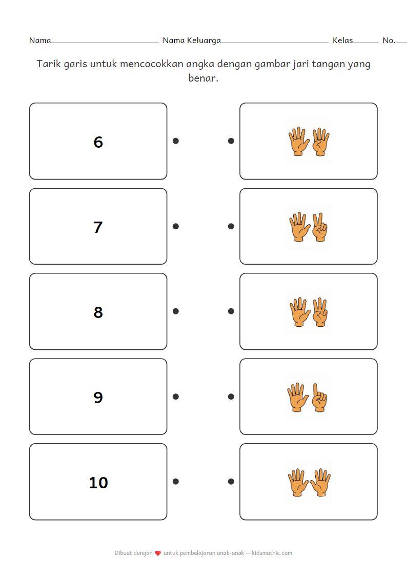 Lembar Kerja Mencocokkan Angka 6-10 dengan Jari Tangan untuk Anak Prasekolah