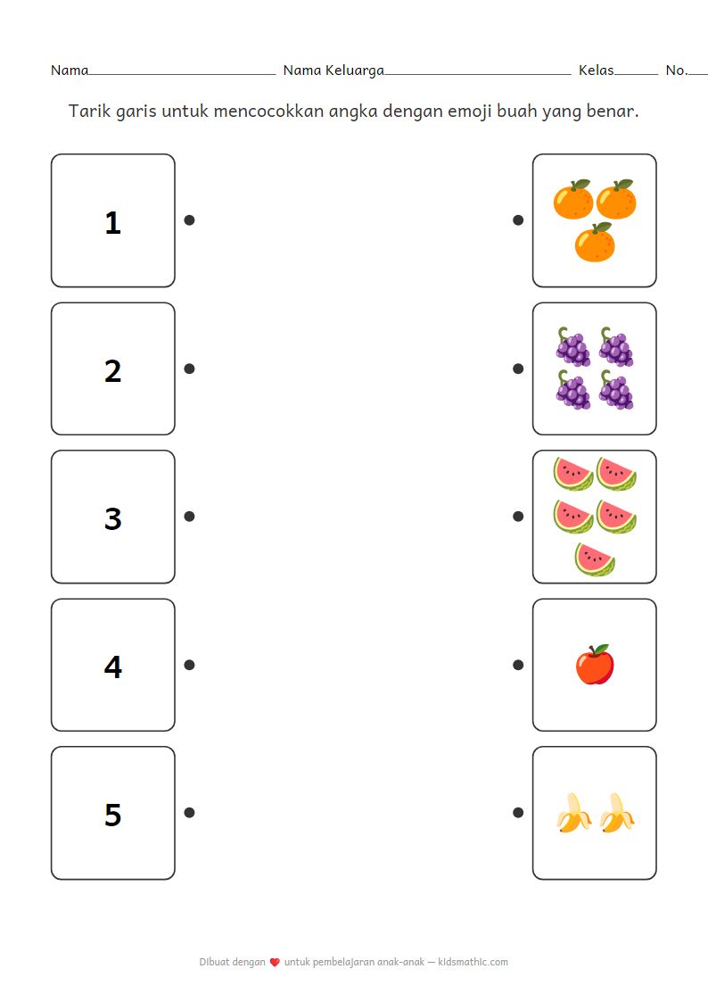 Lembar Kerja Matematika: Mencocokkan Angka 1-5 dengan Emoji Buah untuk Anak Prasekolah