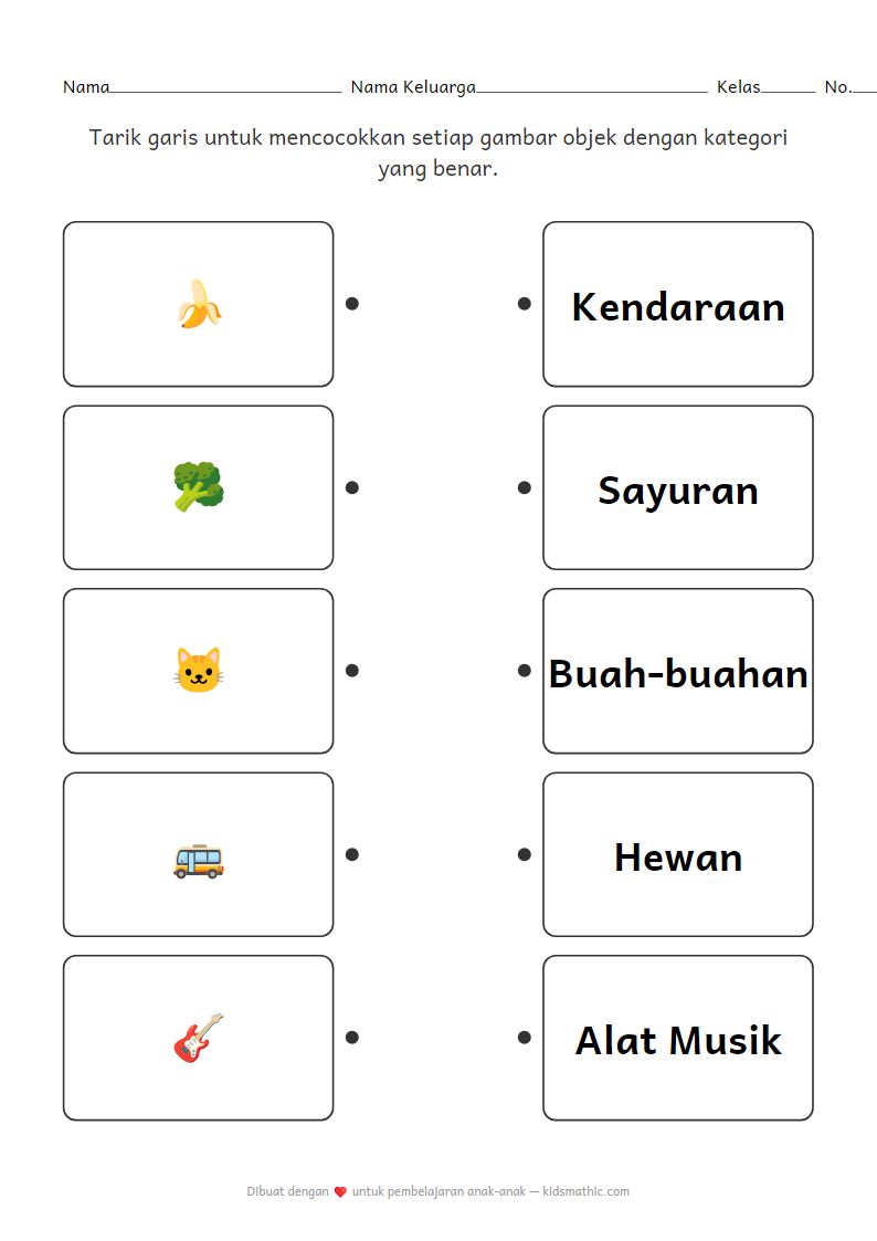 Lembar Kerja Mencocokkan Objek dengan Kategori untuk Prasekolah