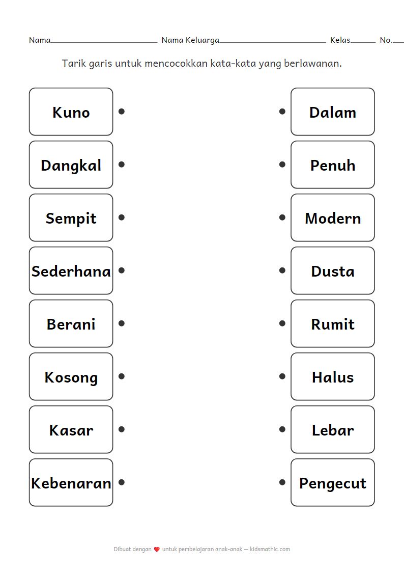 Lembar Kerja Mencocokkan Kata Berlawanan Bahasa Inggris Sulit untuk K3