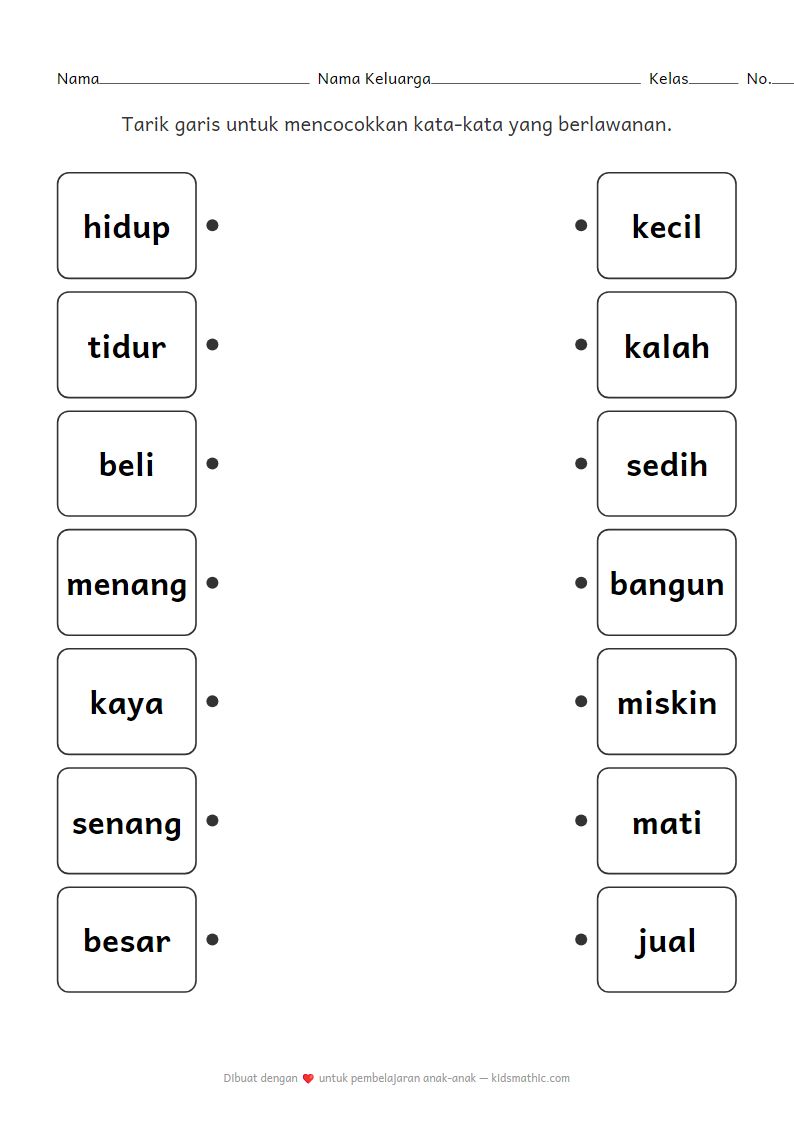 Lembar Kerja Mencocokkan Kata-kata Berlawanan Bahasa Inggris untuk K3