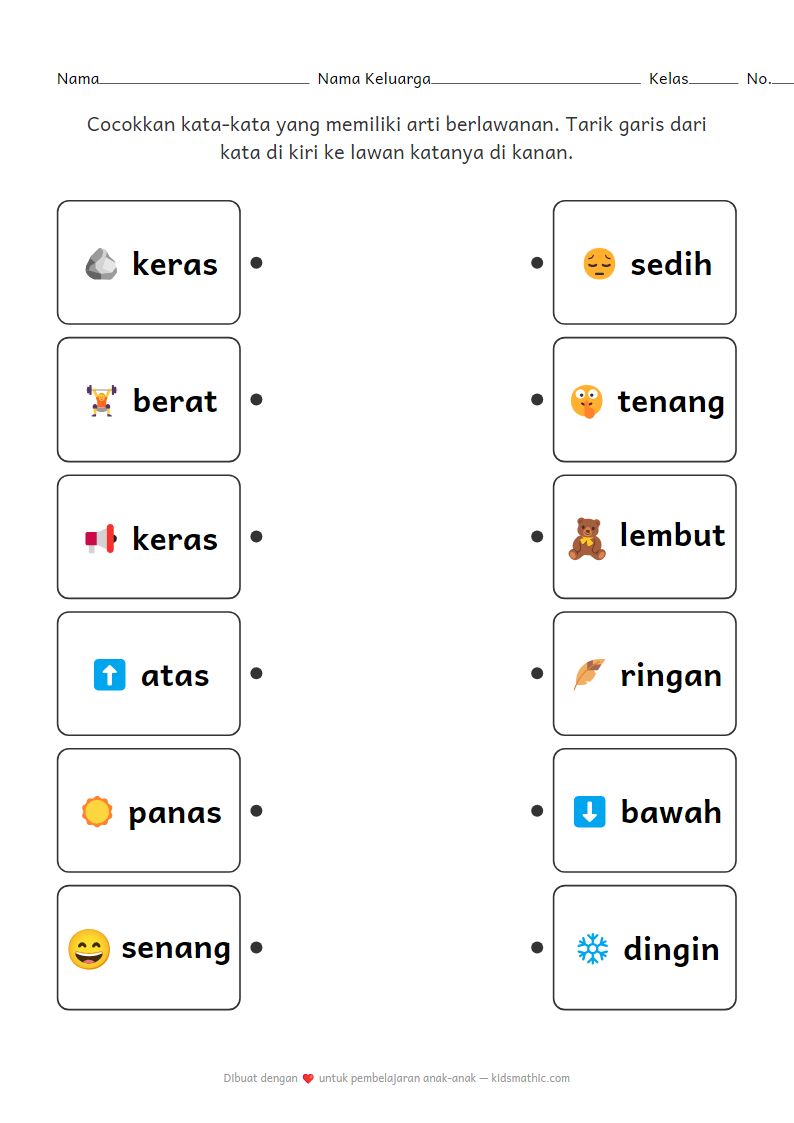 Lembar Kerja Mencocokkan Kata Lawan Kata untuk Anak Prasekolah