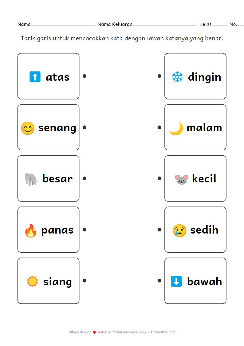 Lembar Kerja Mencocokkan Kata Berlawanan | Kosakata Anak