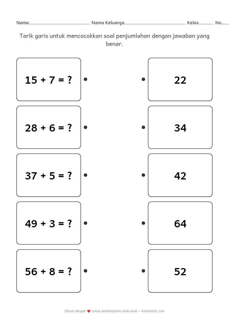 Lembar Kerja Mencocokkan Penjumlahan P1: 2 Digit + 1 Digit