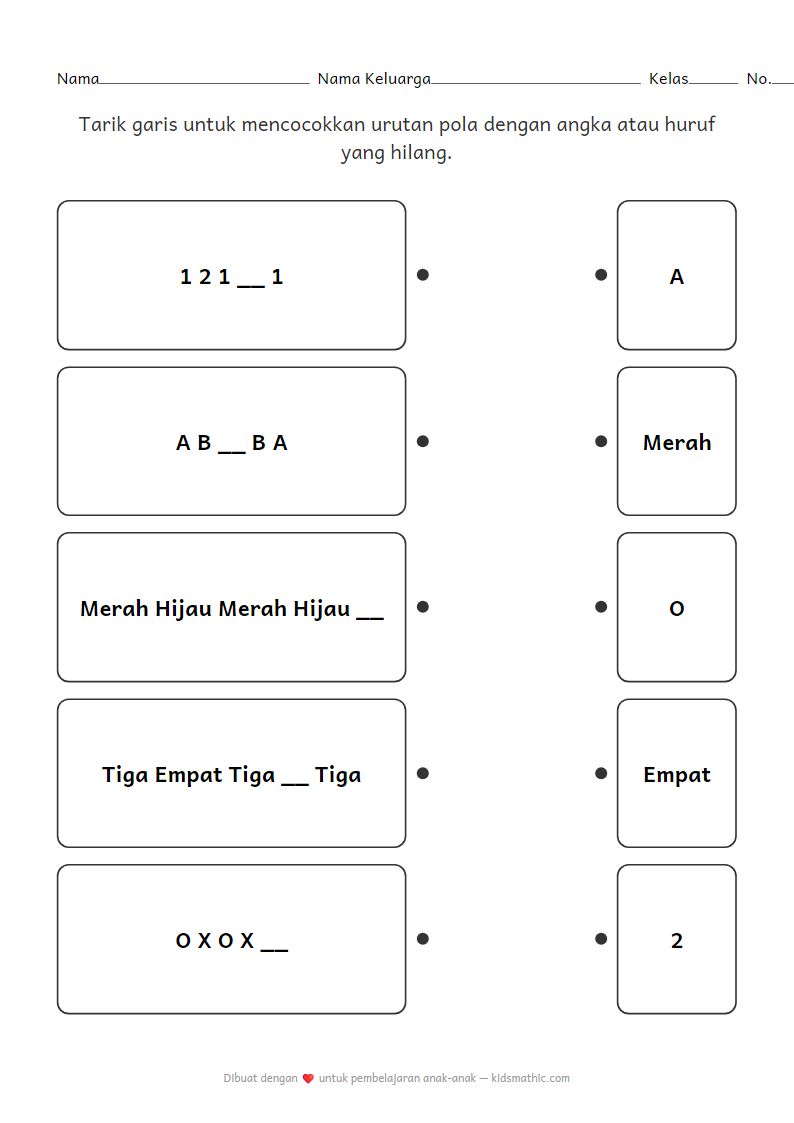 Lembar Kerja Mencocokkan Pola dan Angka Hilang untuk Anak SD