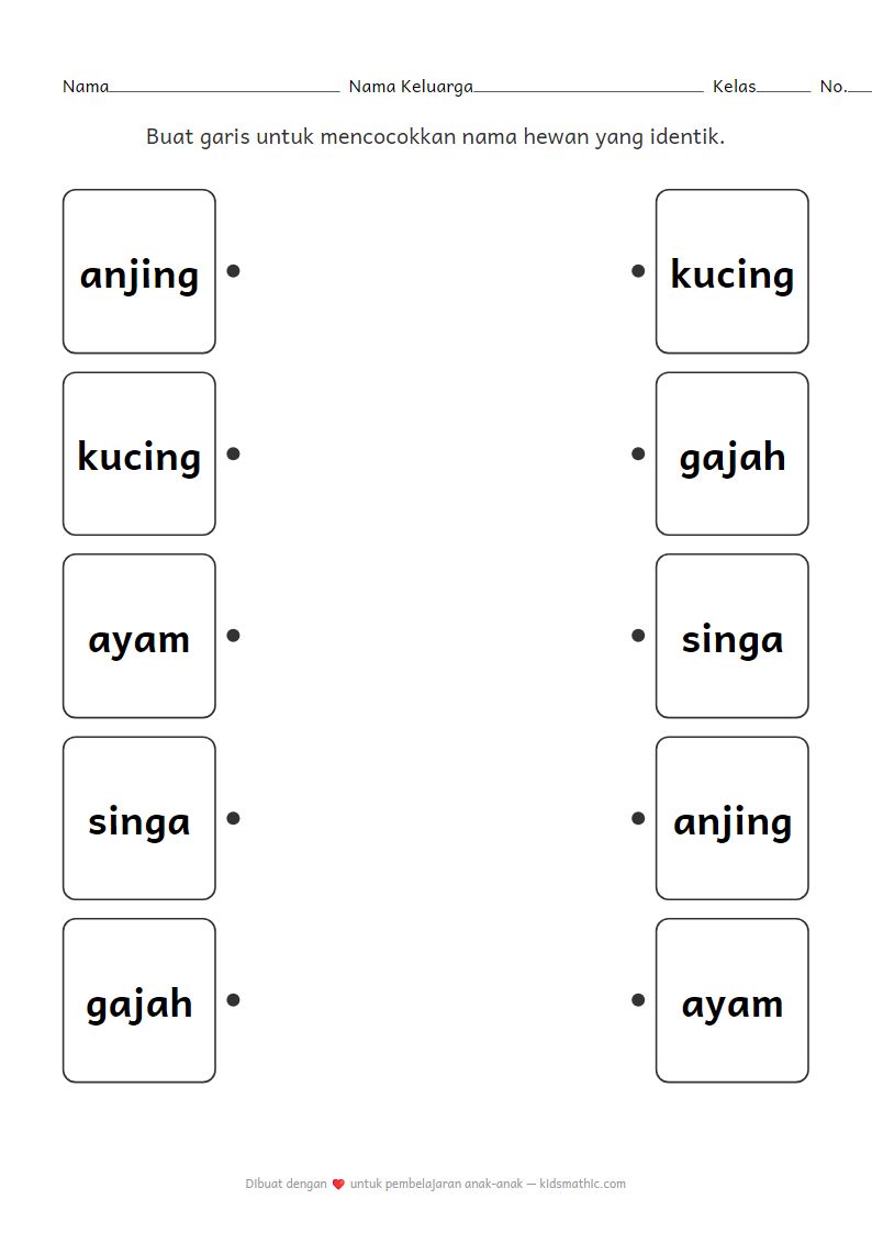 Lembar Kerja Mencocokkan Nama Hewan Peliharaan dan Liar untuk Anak Prasekolah