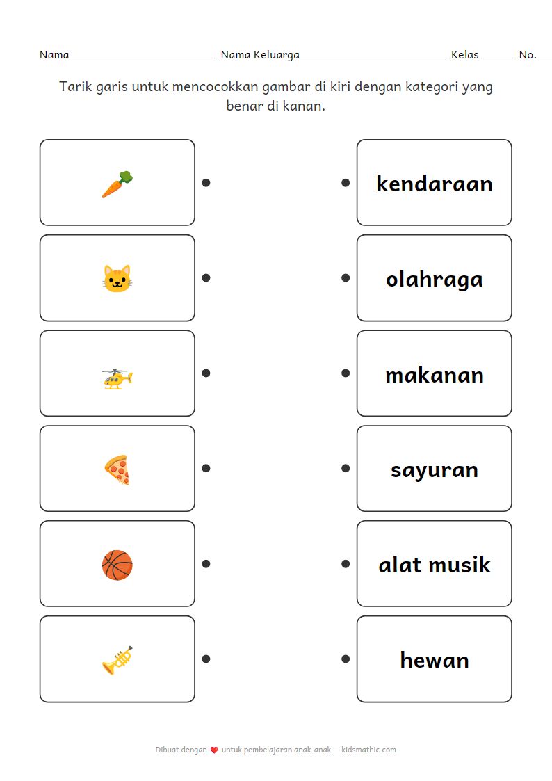Lembar Kerja Mencocokkan Kategori Dasar untuk Anak TK