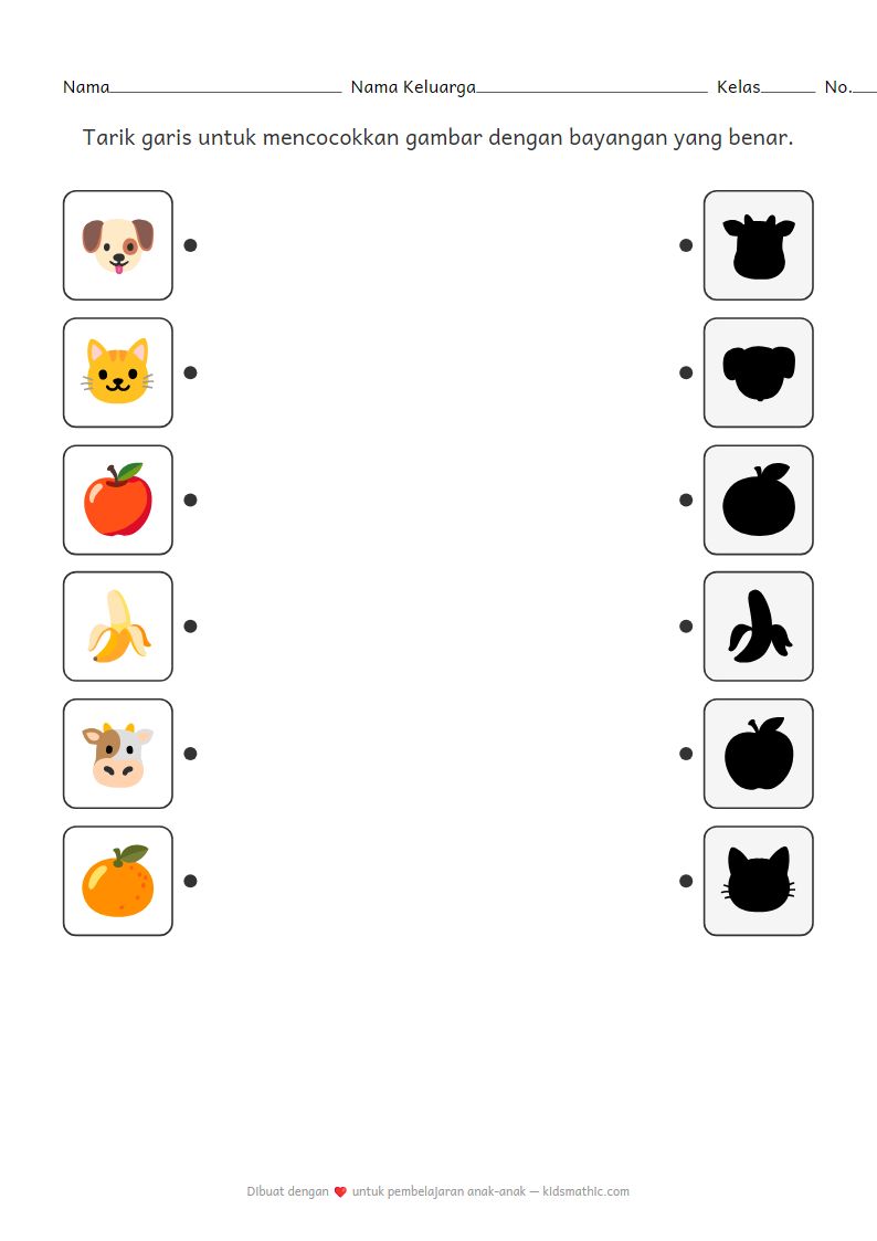 Lembar Kerja Mencocokkan Bayangan: Hewan dan Buah untuk Anak Prasekolah
