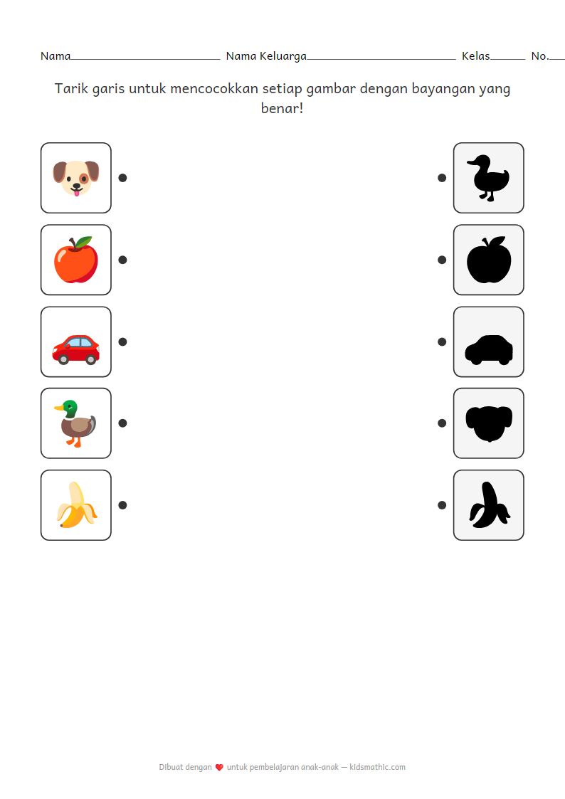 Lembar Kerja Mencocokkan Bayangan: Hewan, Buah, dan Kendaraan untuk Anak Prasekolah
