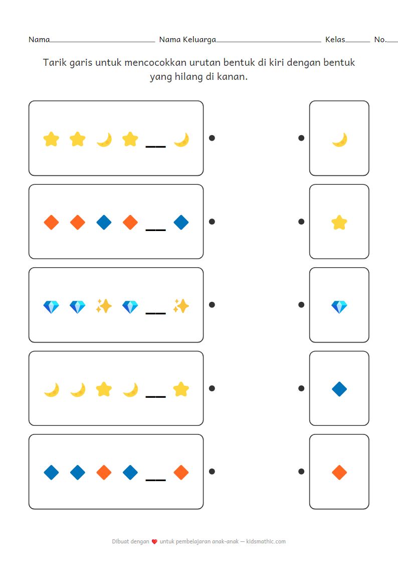 Lembar Kerja Mencocokkan Pola Bentuk untuk Anak Prasekolah: Isi Bentuk yang Hilang