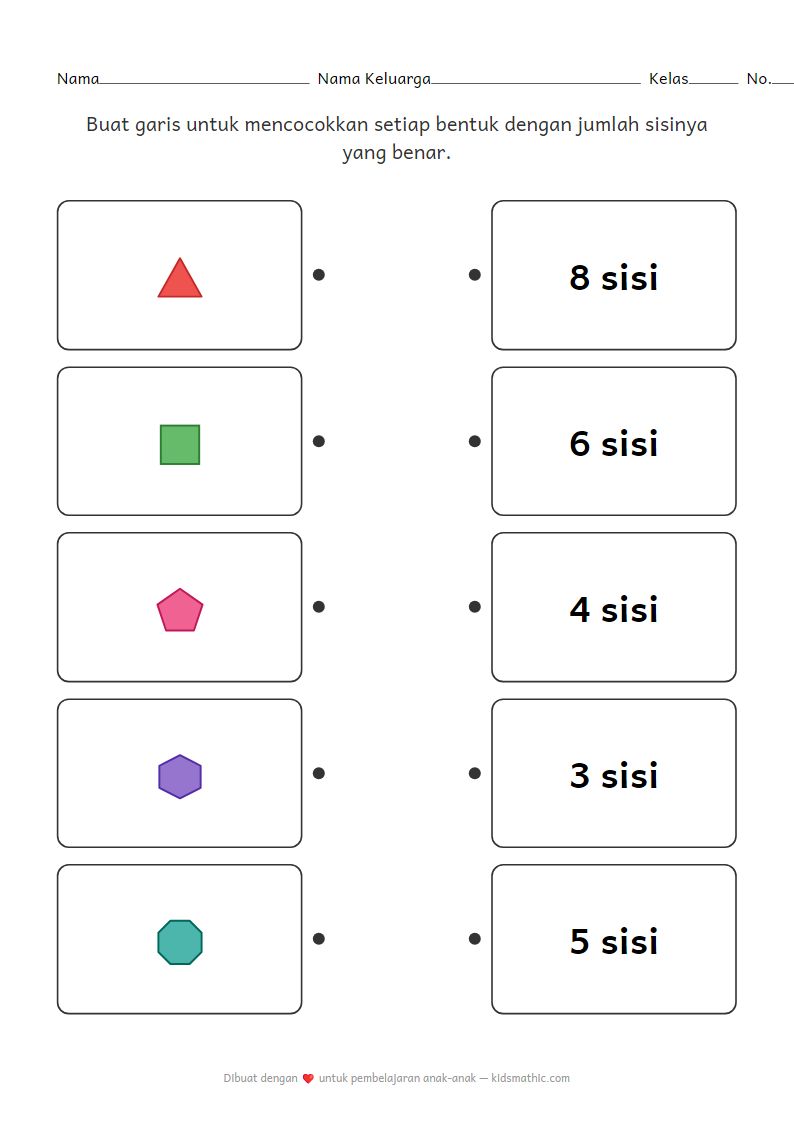 Lembar Kerja Mencocokkan Bentuk dan Sisi untuk Anak Prasekolah