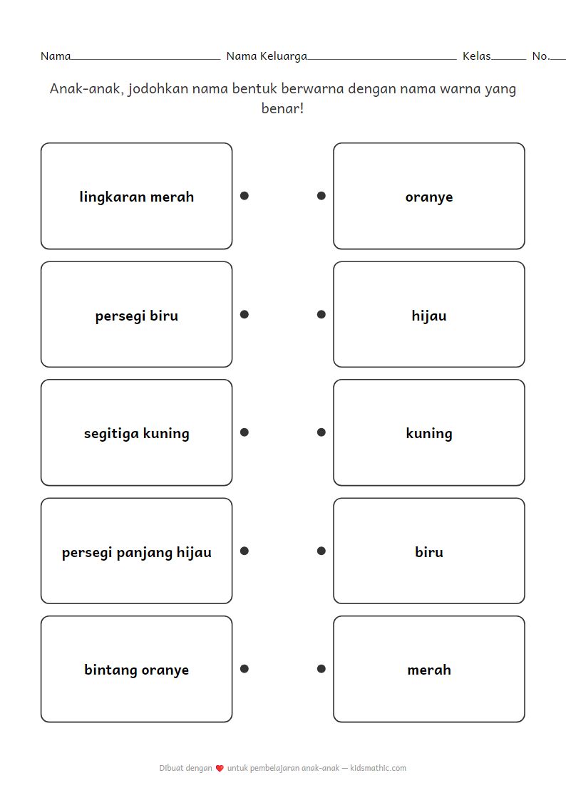 Lembar Kerja Taman Kanak-kanak: Jodohkan Bentuk dan Warna