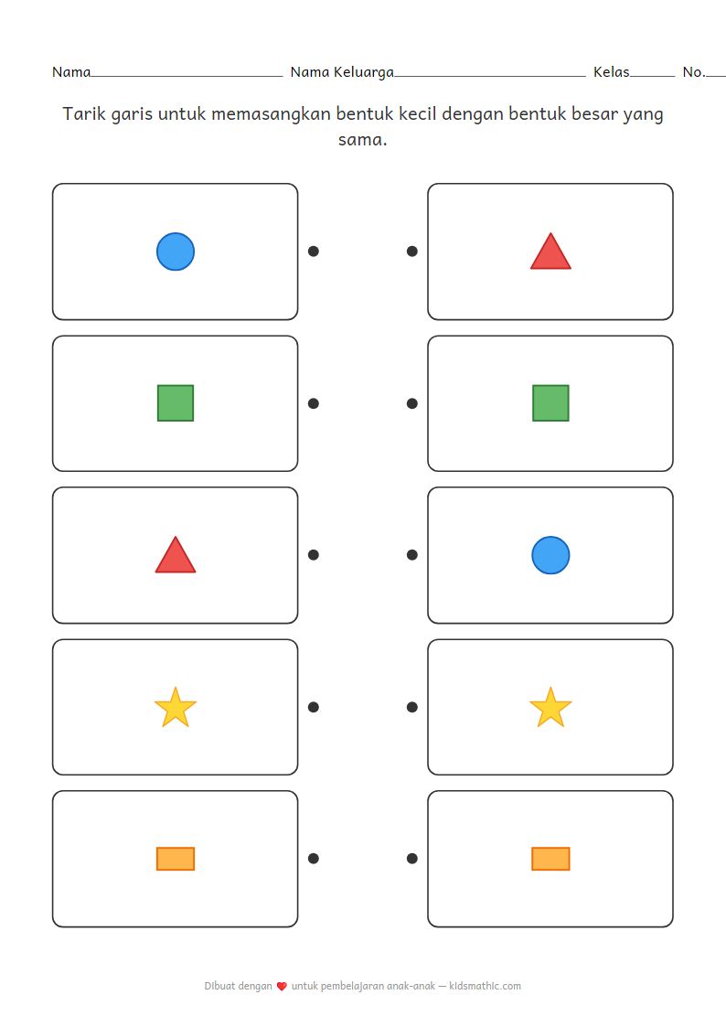 Lembar Kerja Taman Kanak-kanak: Memasangkan Bentuk Kecil dan Besar