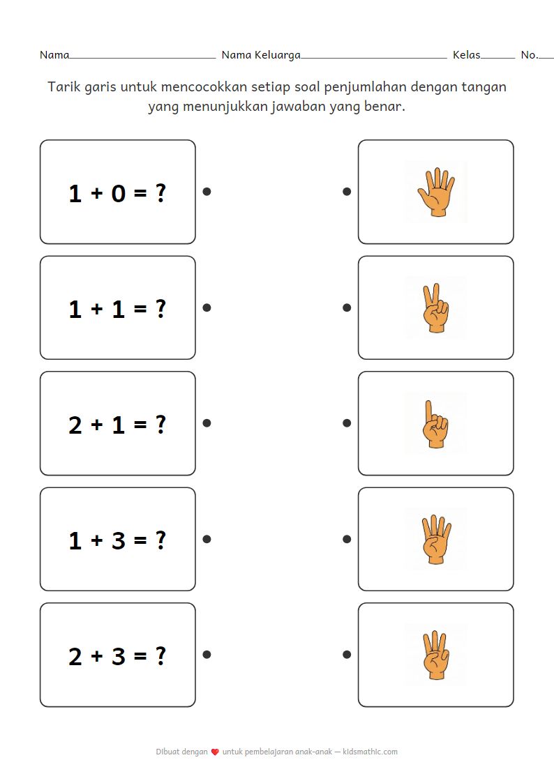Lembar Kerja Mencocokkan Penjumlahan Sederhana dengan Jari Tangan untuk TK