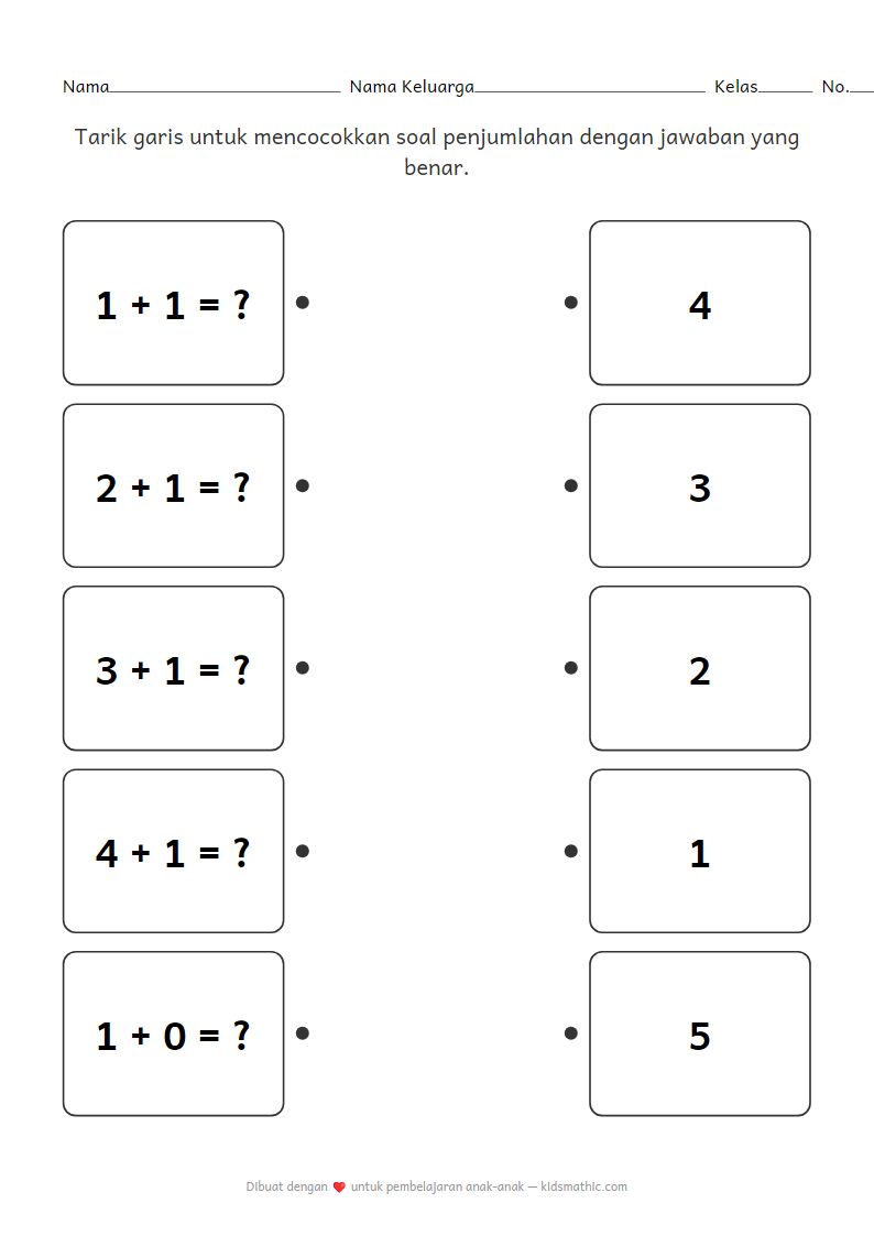 Lembar Kerja Mencocokkan Penjumlahan Sederhana hingga 5 untuk Anak TK