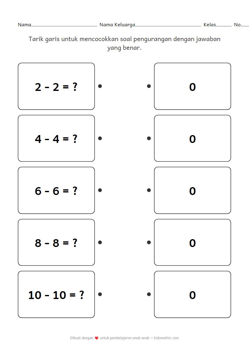 Lembar Kerja Mencocokkan Pengurangan Sederhana untuk Anak Prasekolah
