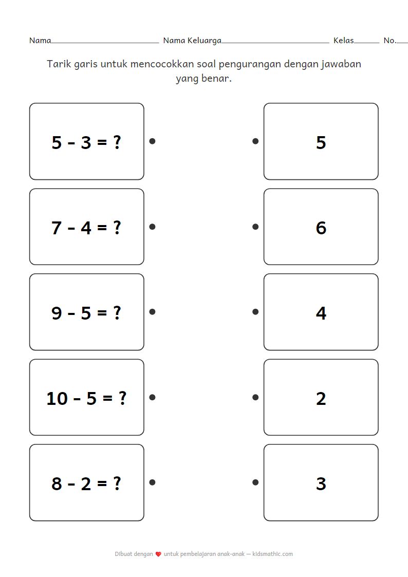 Lembar Kerja Mencocokkan Pengurangan Sederhana TK Keterampilan Matematika Awal