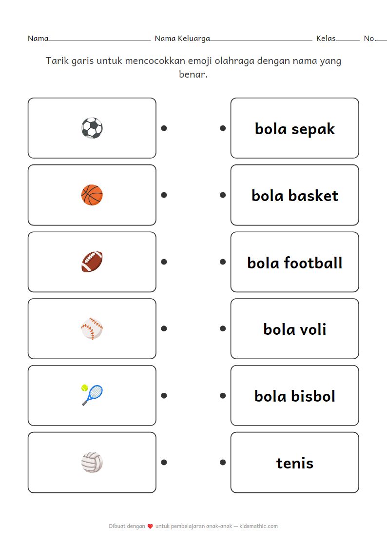 Lembar Kerja Mencocokkan Emoji Olahraga dengan Nama untuk Anak Prasekolah