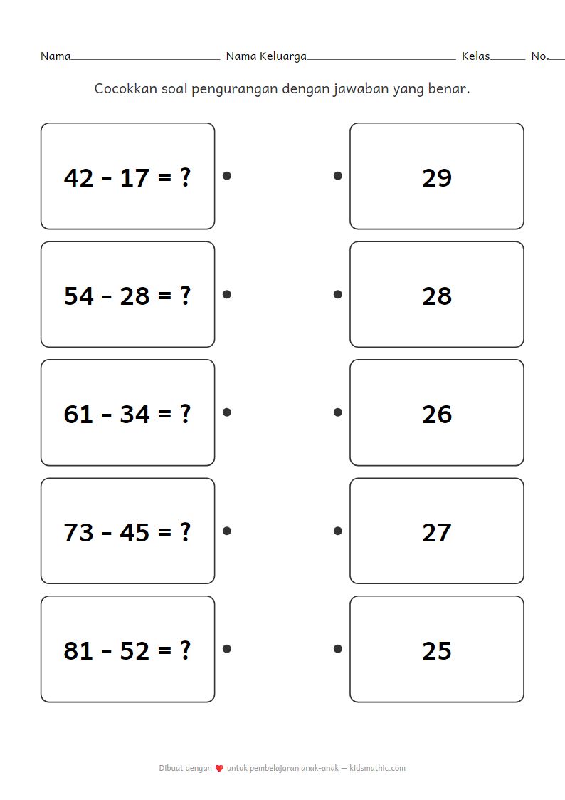 Lembar Kerja Pengurangan untuk Kelas 2: Mencocokkan Angka Dua Digit dengan Meminjam