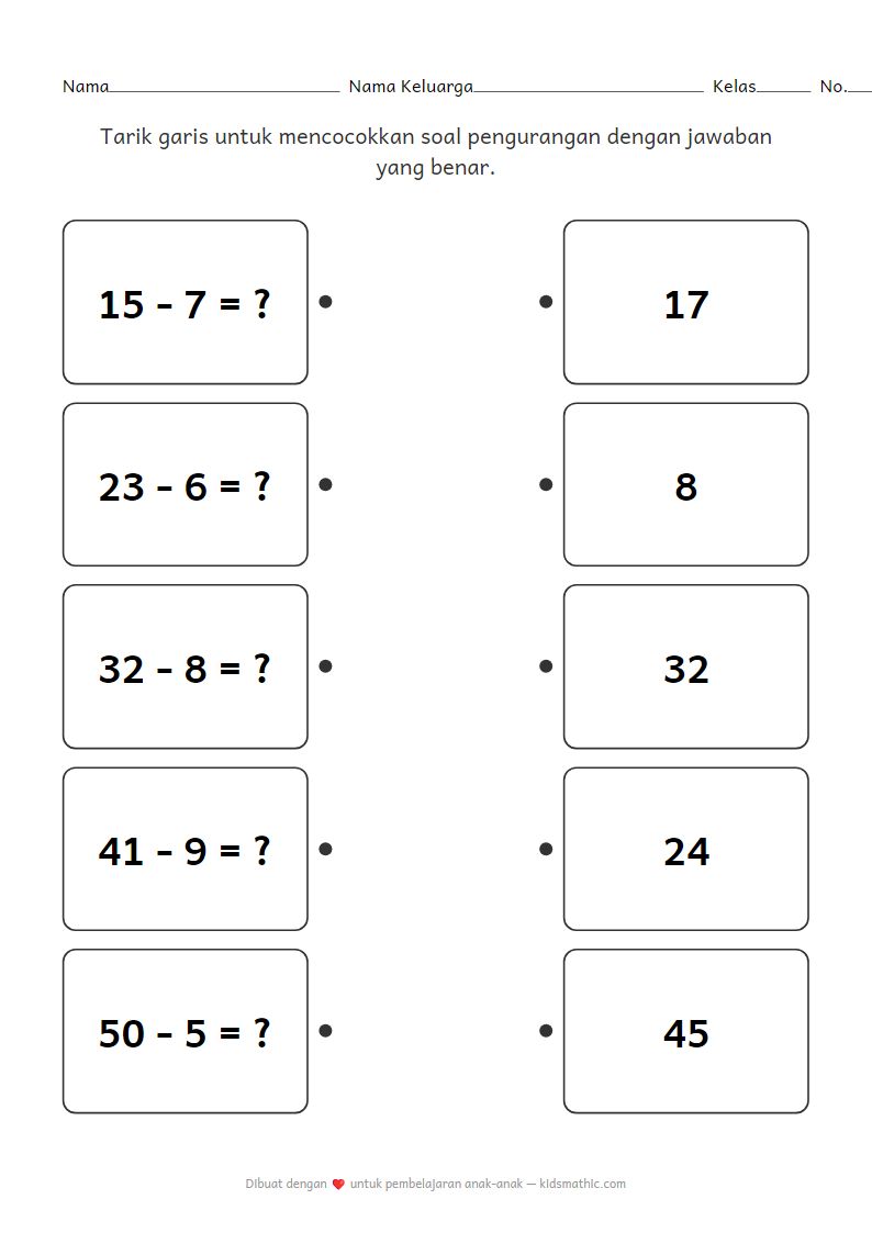 Lembar Kerja Mencocokkan Soal Pengurangan dengan Jawaban untuk P1