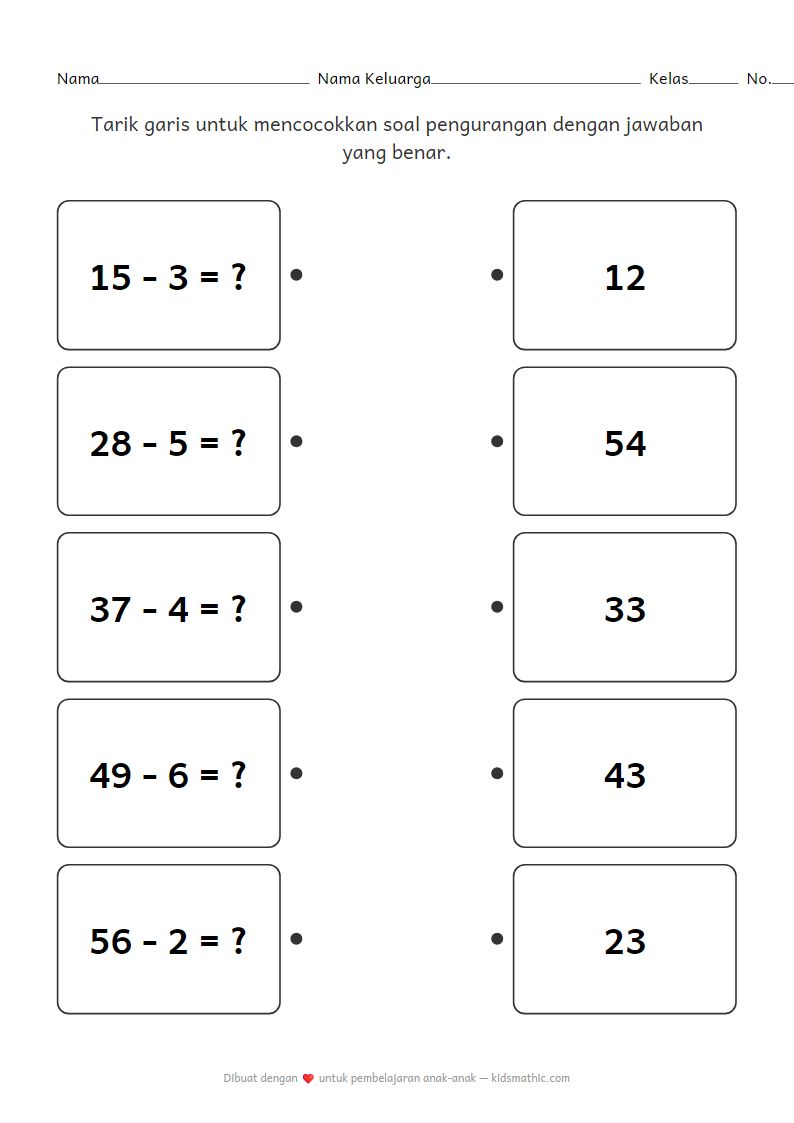 Lembar Kerja Mencocokkan Pengurangan Dua Digit dengan Satu Digit untuk Kelas 1