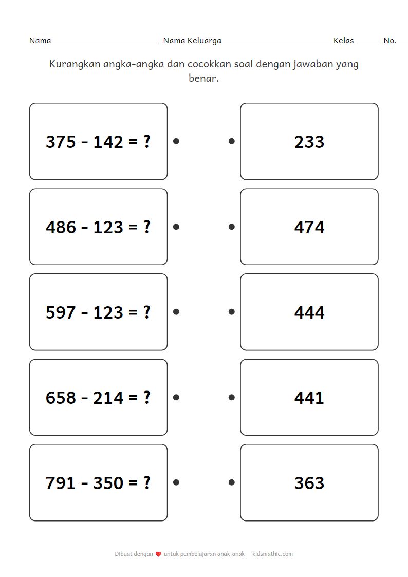 Lembar Kerja Mencocokkan Pengurangan 3 Digit (Tanpa Meminjam) untuk TK