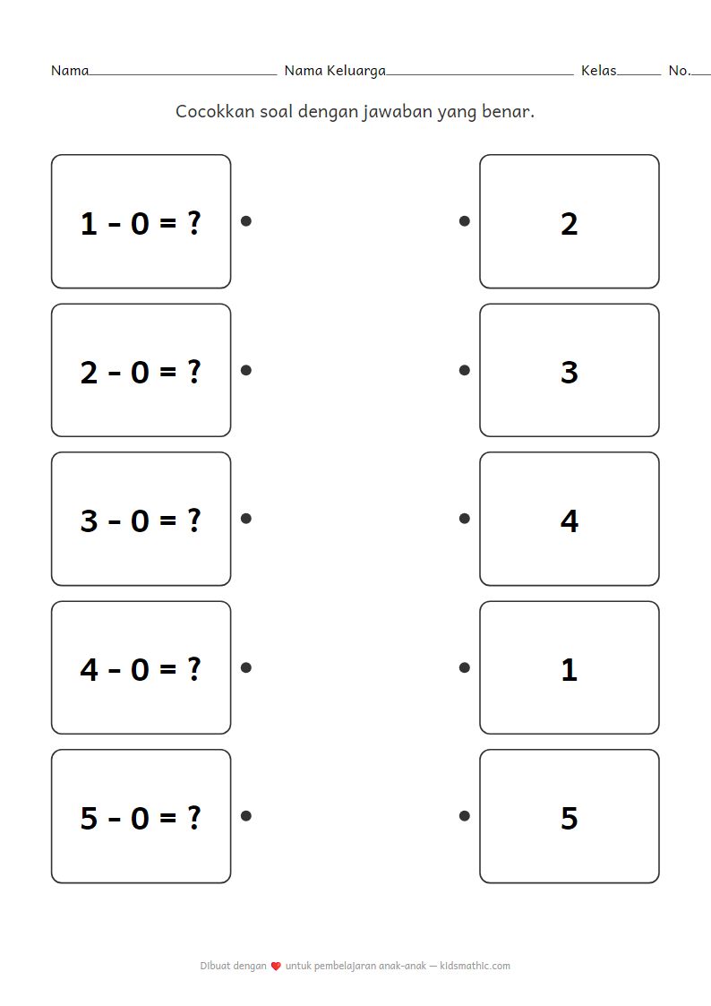 Lembar Kerja Mencocokkan Pengurangan Nol untuk TK