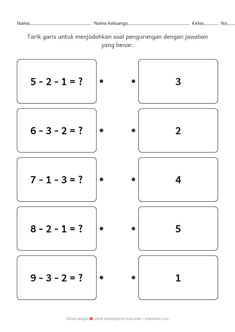 Lembar Kerja Mencocokkan Rantai Pengurangan untuk TK